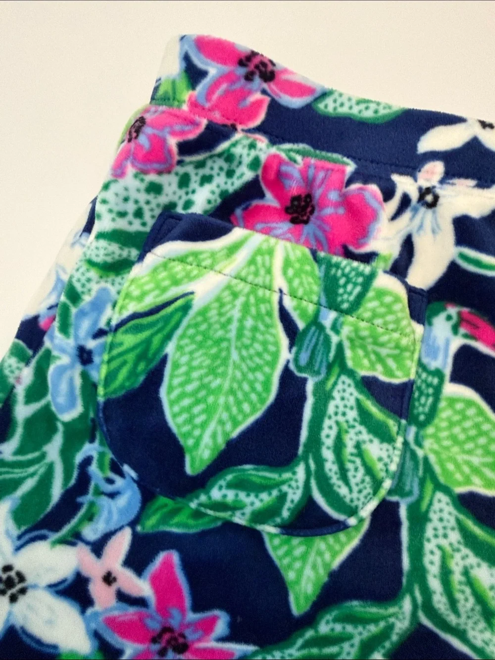 Lilly Pulitzer Girls Navy Floral Joggers with Green Leaves and Pink Accents